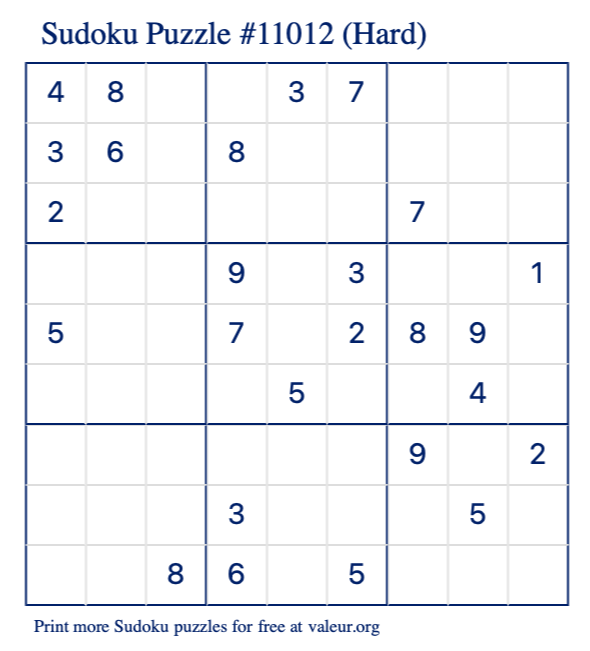 Free Printable Hard Sudoku Puzzle number 11012