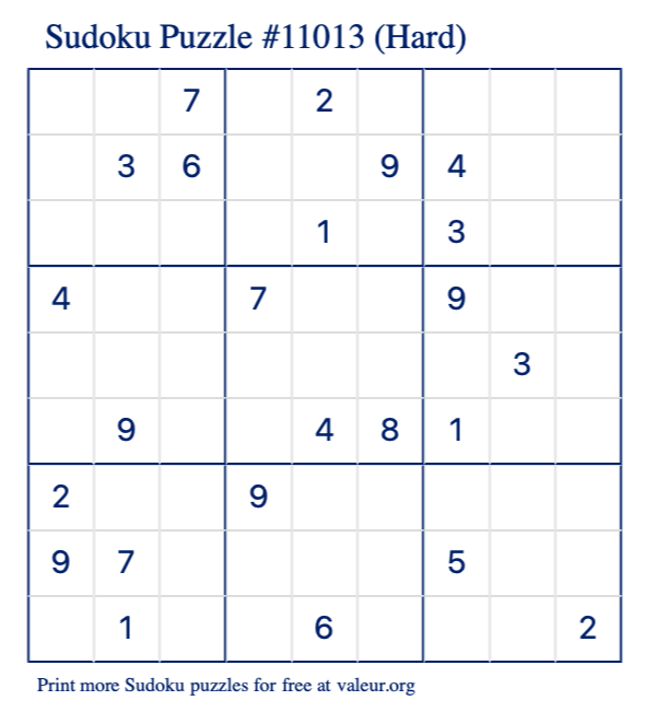 Free Printable Hard Sudoku Puzzle number 11013