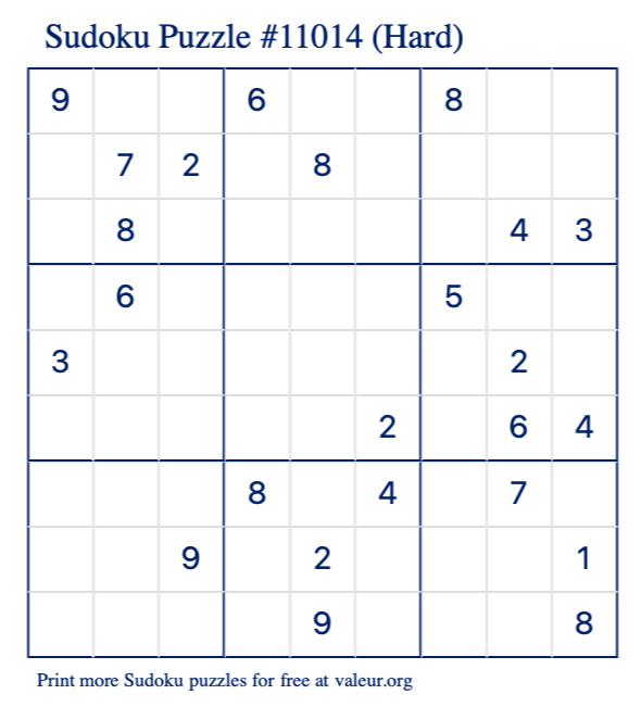 Free Printable Hard Sudoku Puzzle number 11014