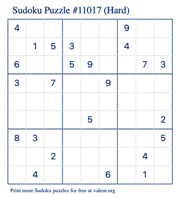 Free Printable Hard Sudoku Puzzle number 11017
