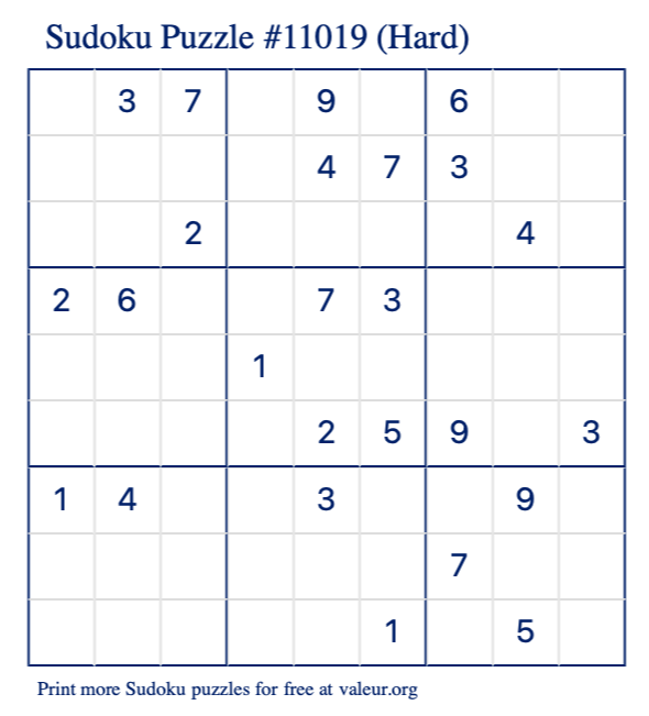 Free Printable Hard Sudoku Puzzle number 11019