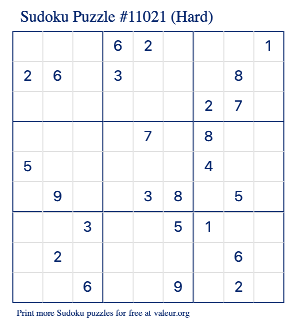 Free Printable Hard Sudoku Puzzle number 11021