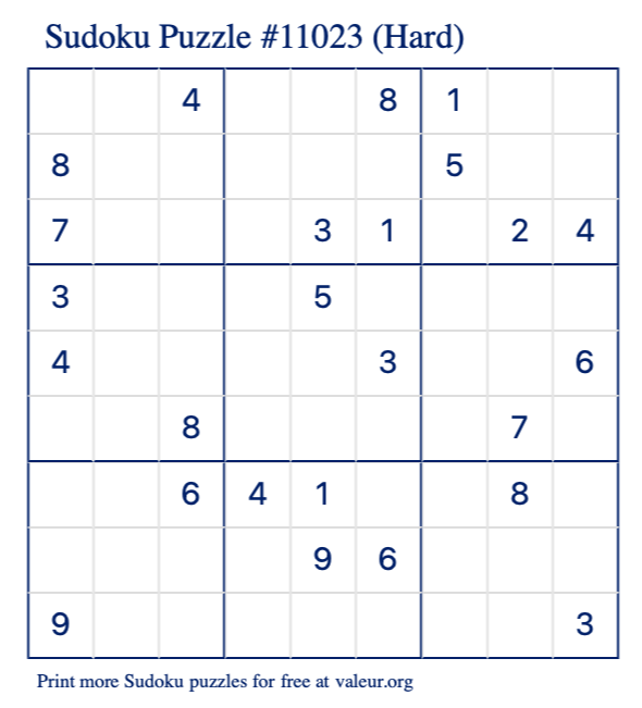 Free Printable Hard Sudoku Puzzle number 11023