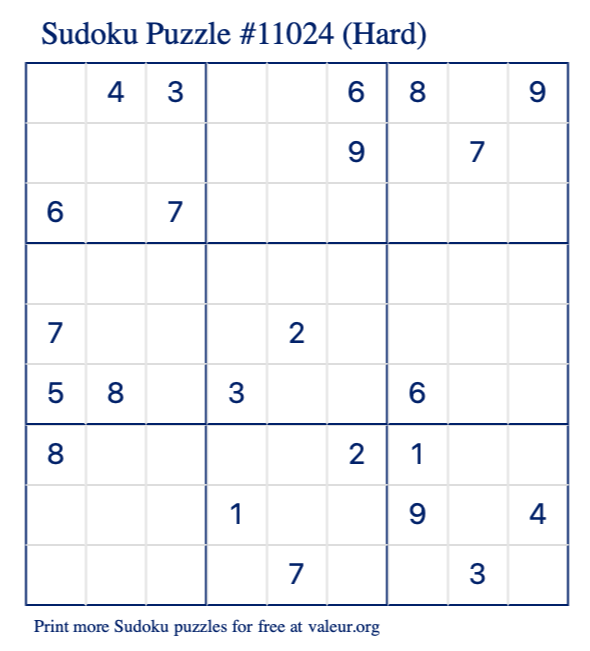 Free Printable Hard Sudoku Puzzle number 11024