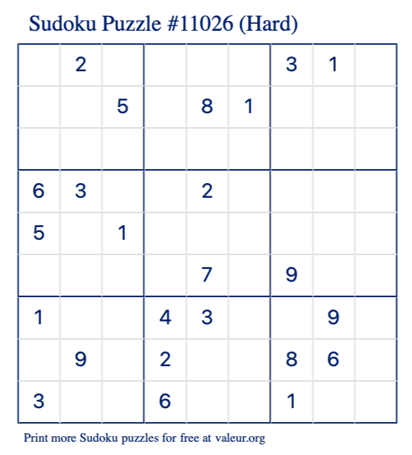 Free Printable Hard Sudoku Puzzle number 11026