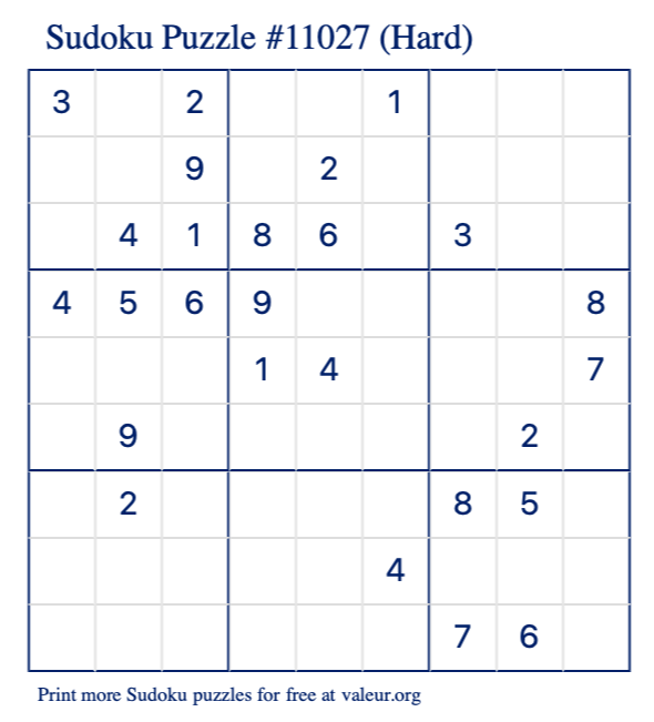 Free Printable Hard Sudoku Puzzle number 11027