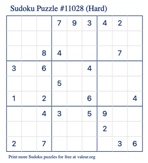 Free Printable Hard Sudoku Puzzle number 11028
