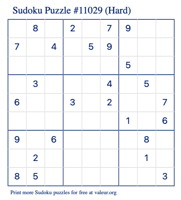 Free Printable Hard Sudoku Puzzle number 11029