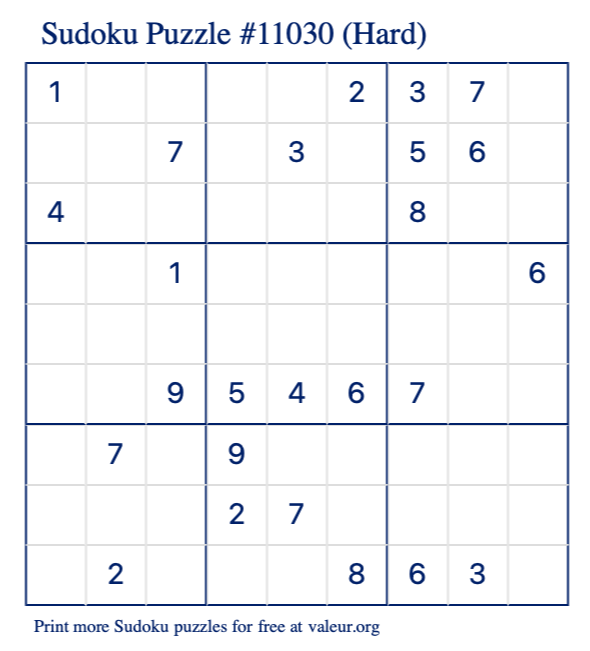 Free Printable Hard Sudoku Puzzle number 11030