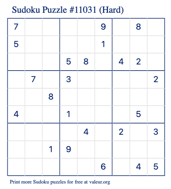 Free Printable Hard Sudoku Puzzle number 11031