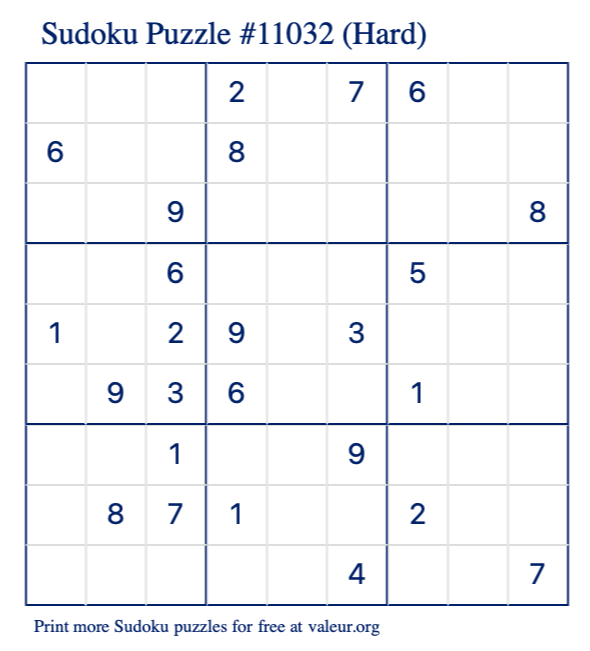 Free Printable Hard Sudoku Puzzle number 11032