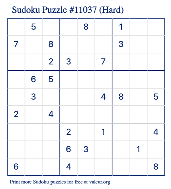 Free Printable Hard Sudoku Puzzle number 11037