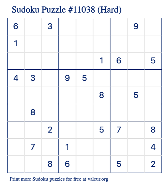 Free Printable Hard Sudoku Puzzle number 11038