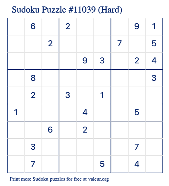 Free Printable Hard Sudoku Puzzle number 11039