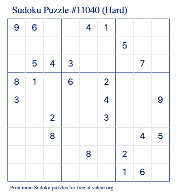 Free Printable Hard Sudoku Puzzle number 11040