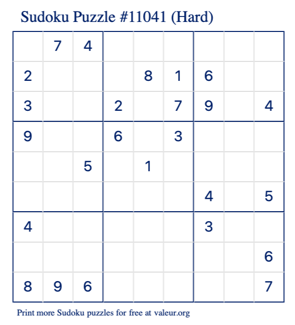 Free Printable Hard Sudoku Puzzle number 11041