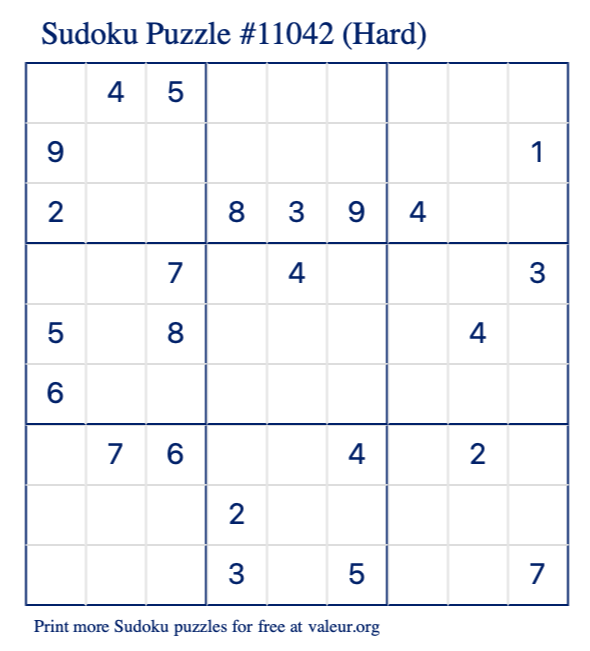 Free Printable Hard Sudoku Puzzle number 11042