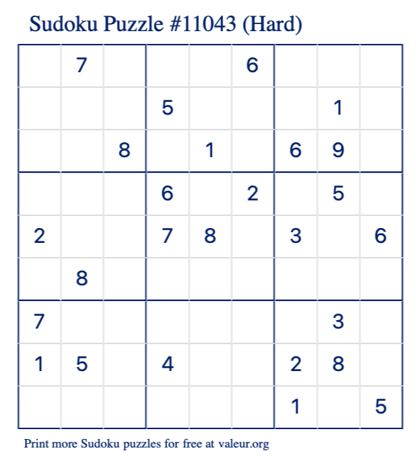 Free Printable Hard Sudoku Puzzle number 11043