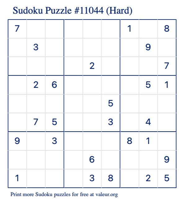 Free Printable Hard Sudoku Puzzle number 11044