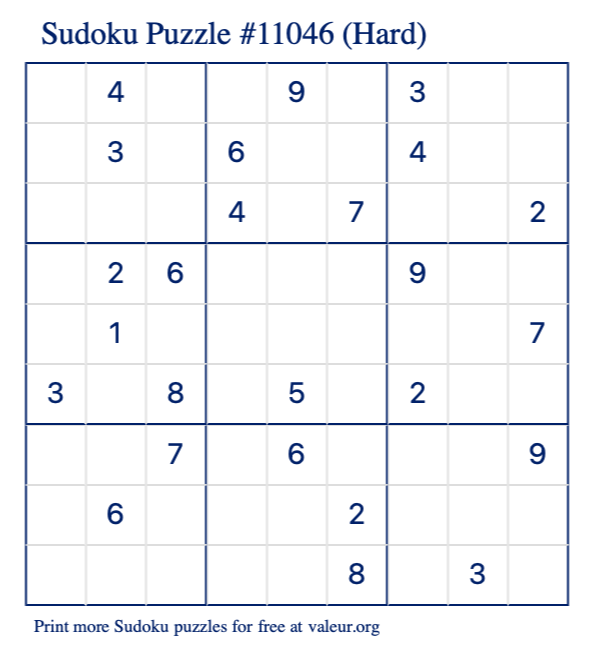 Free Printable Hard Sudoku Puzzle number 11046