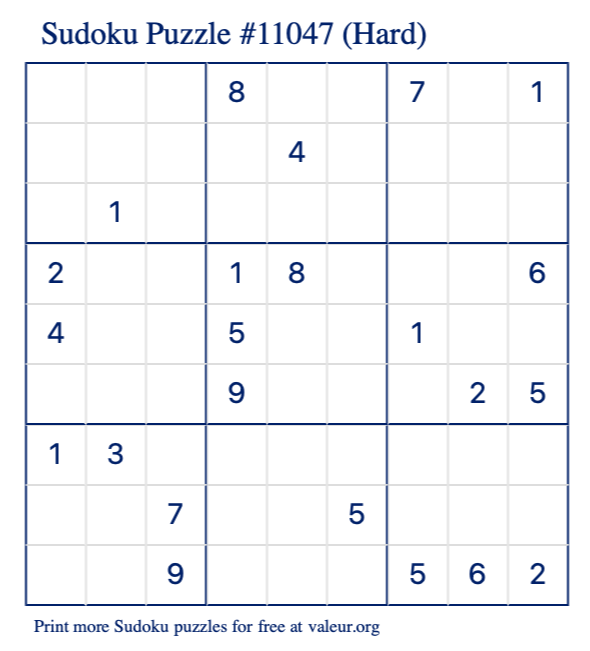 Free Printable Hard Sudoku Puzzle number 11047
