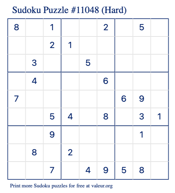 Free Printable Hard Sudoku Puzzle number 11048