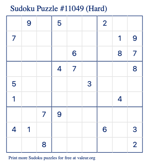 Free Printable Hard Sudoku Puzzle number 11049