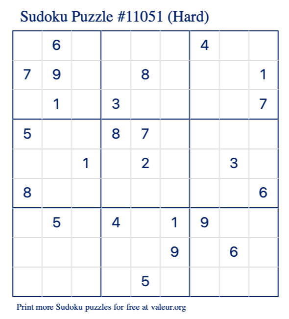 Free Printable Hard Sudoku Puzzle number 11051