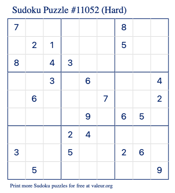 Free Printable Hard Sudoku Puzzle number 11052