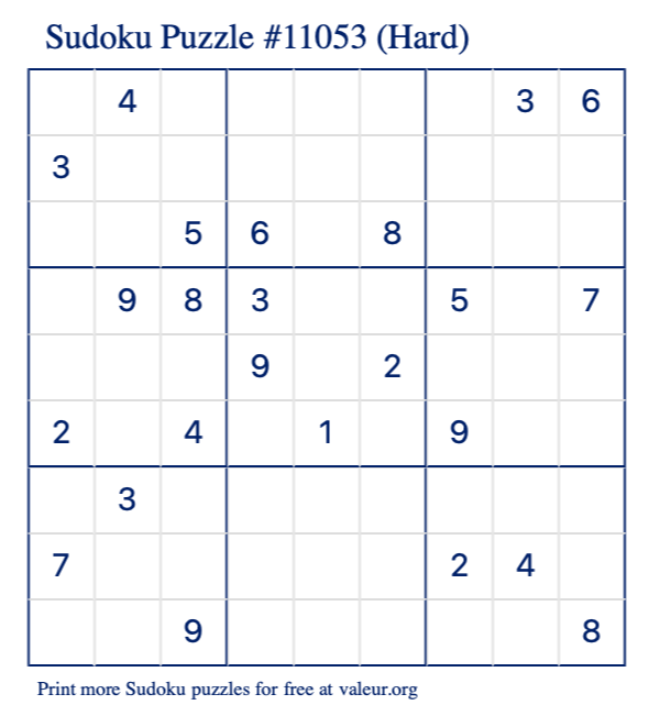 Free Printable Hard Sudoku Puzzle number 11053
