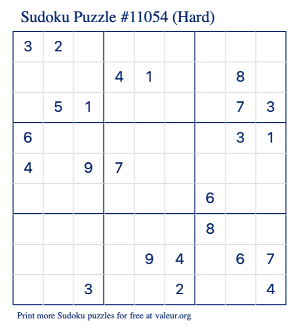 Free Printable Hard Sudoku Puzzle number 11054