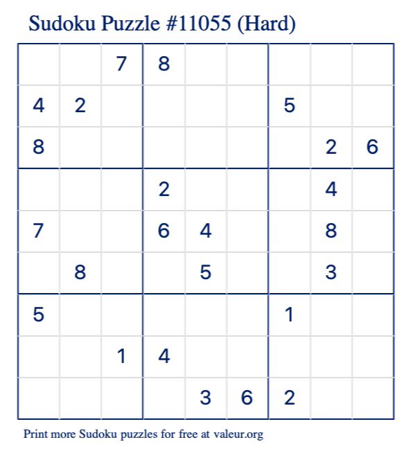 Free Printable Hard Sudoku Puzzle number 11055