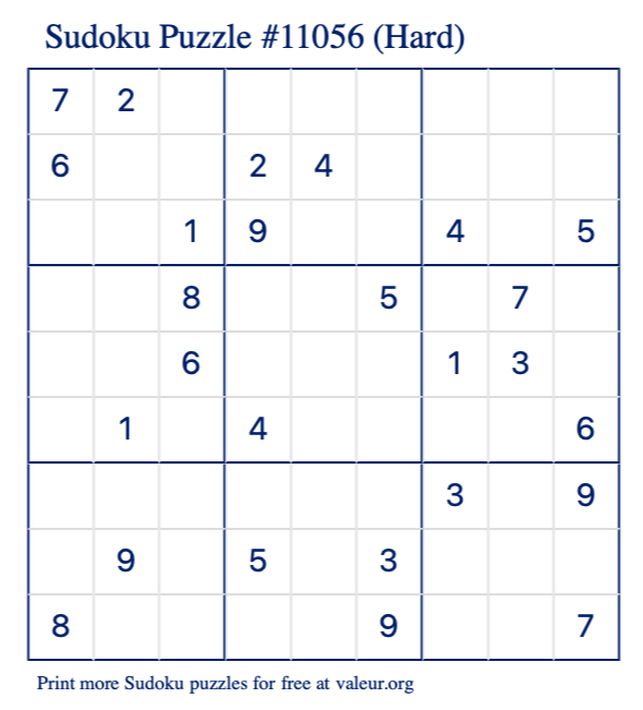 Free Printable Hard Sudoku Puzzle number 11056