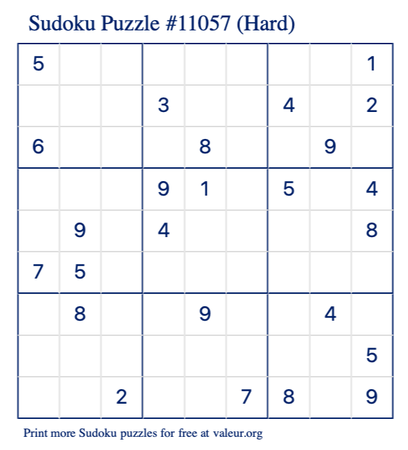 Free Printable Hard Sudoku Puzzle number 11057