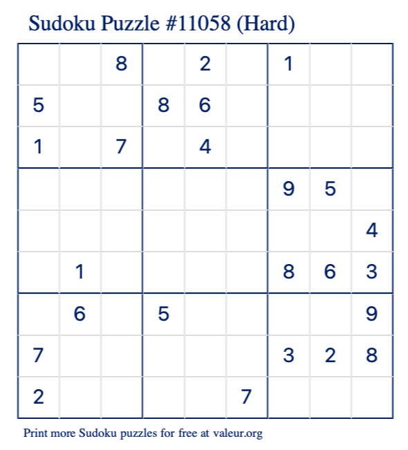 Free Printable Hard Sudoku Puzzle number 11058