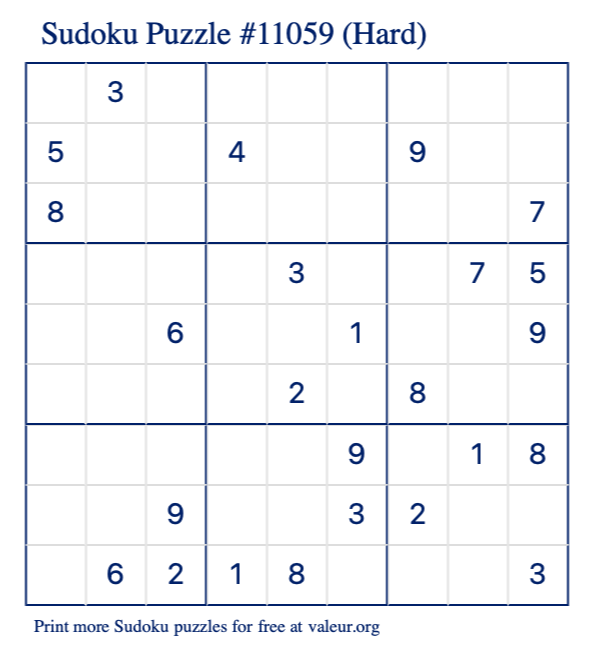 Free Printable Hard Sudoku Puzzle number 11059