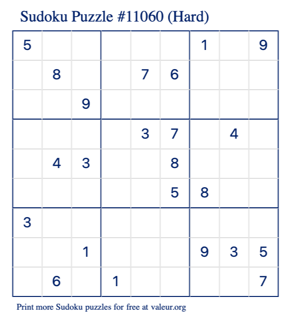 Free Printable Hard Sudoku Puzzle number 11060