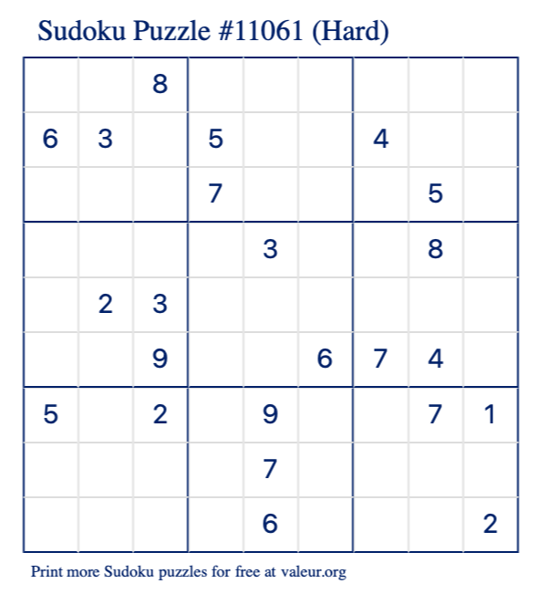 Free Printable Hard Sudoku Puzzle number 11061