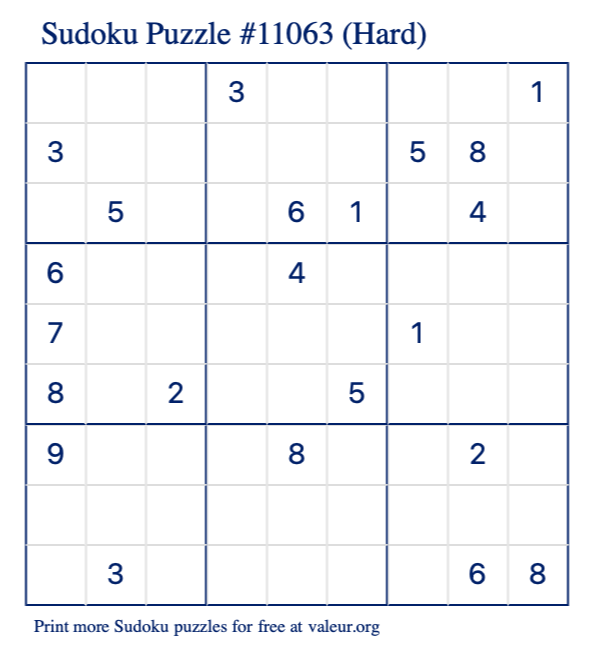 Free Printable Hard Sudoku Puzzle number 11063