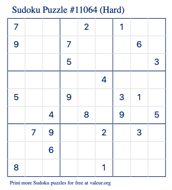 Free Printable Hard Sudoku Puzzle number 11064