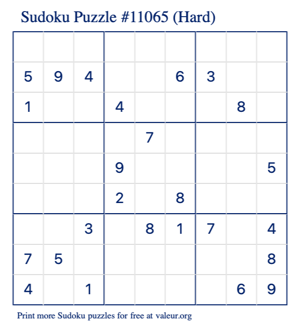 Free Printable Hard Sudoku Puzzle number 11065