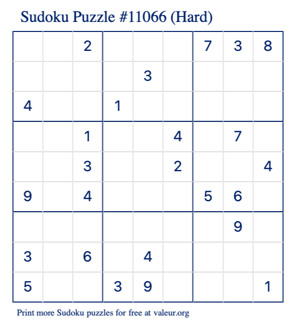 Free Printable Hard Sudoku Puzzle number 11066