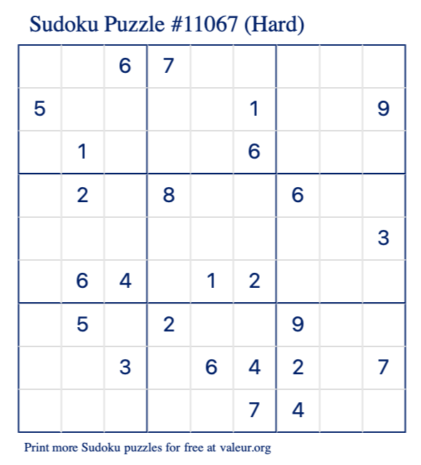 Free Printable Hard Sudoku Puzzle number 11067