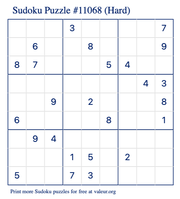 Free Printable Hard Sudoku Puzzle number 11068