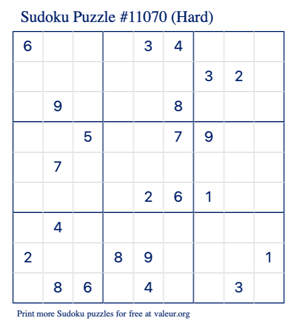 Free Printable Hard Sudoku Puzzle number 11070