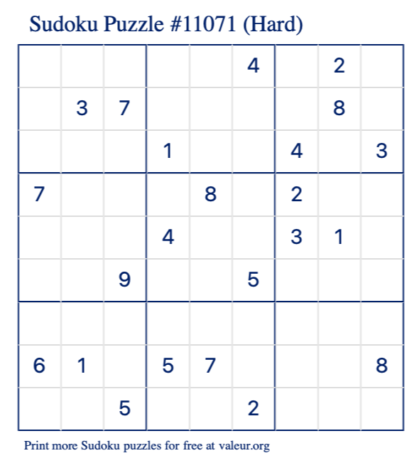 Free Printable Hard Sudoku Puzzle number 11071