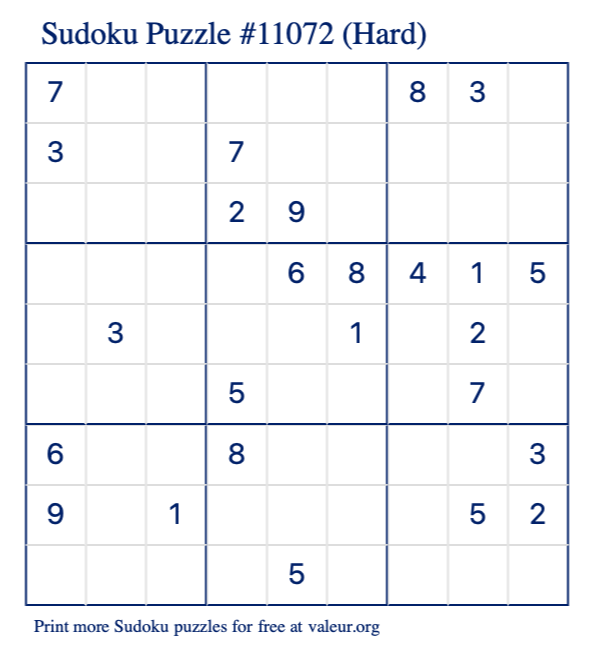Free Printable Hard Sudoku Puzzle number 11072