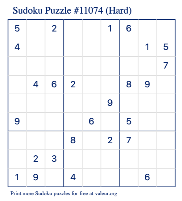 Free Printable Hard Sudoku Puzzle number 11074