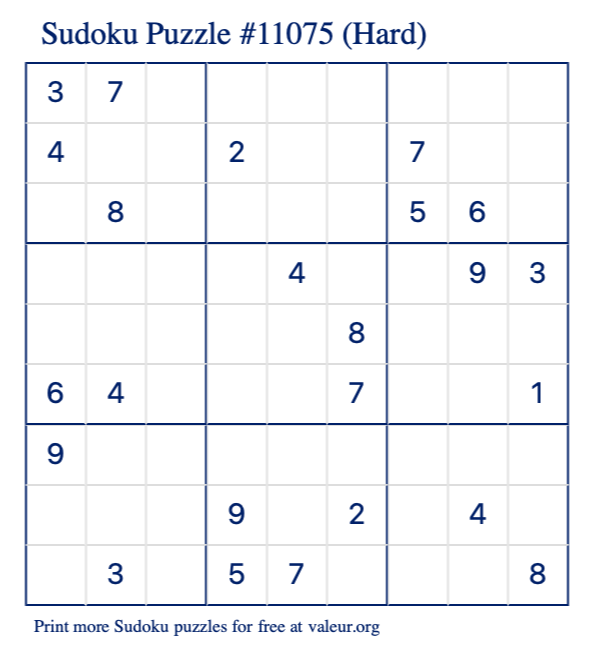 Free Printable Hard Sudoku Puzzle number 11075