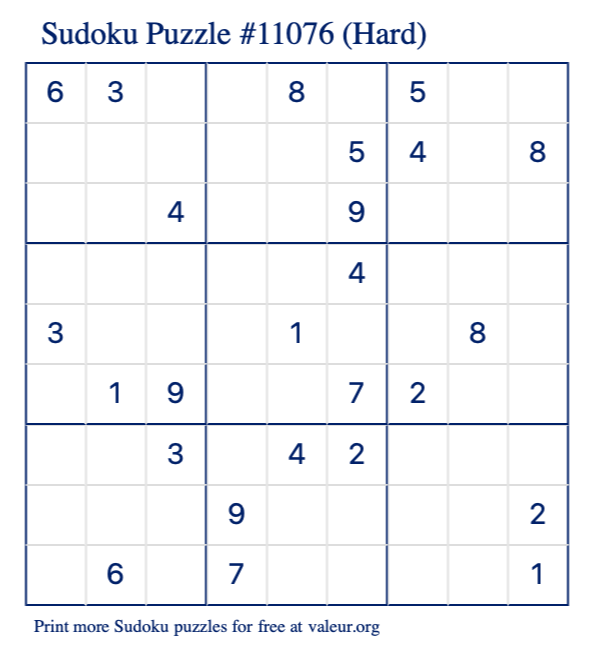 Free Printable Hard Sudoku Puzzle number 11076